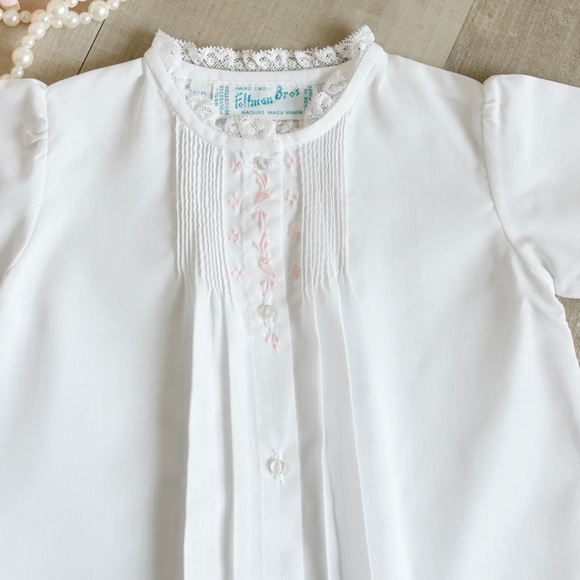 Newborn White Day Gown Pink Embroidery Feltman Brothers Lace Pin Tucks NEW - Picture 2 of 5